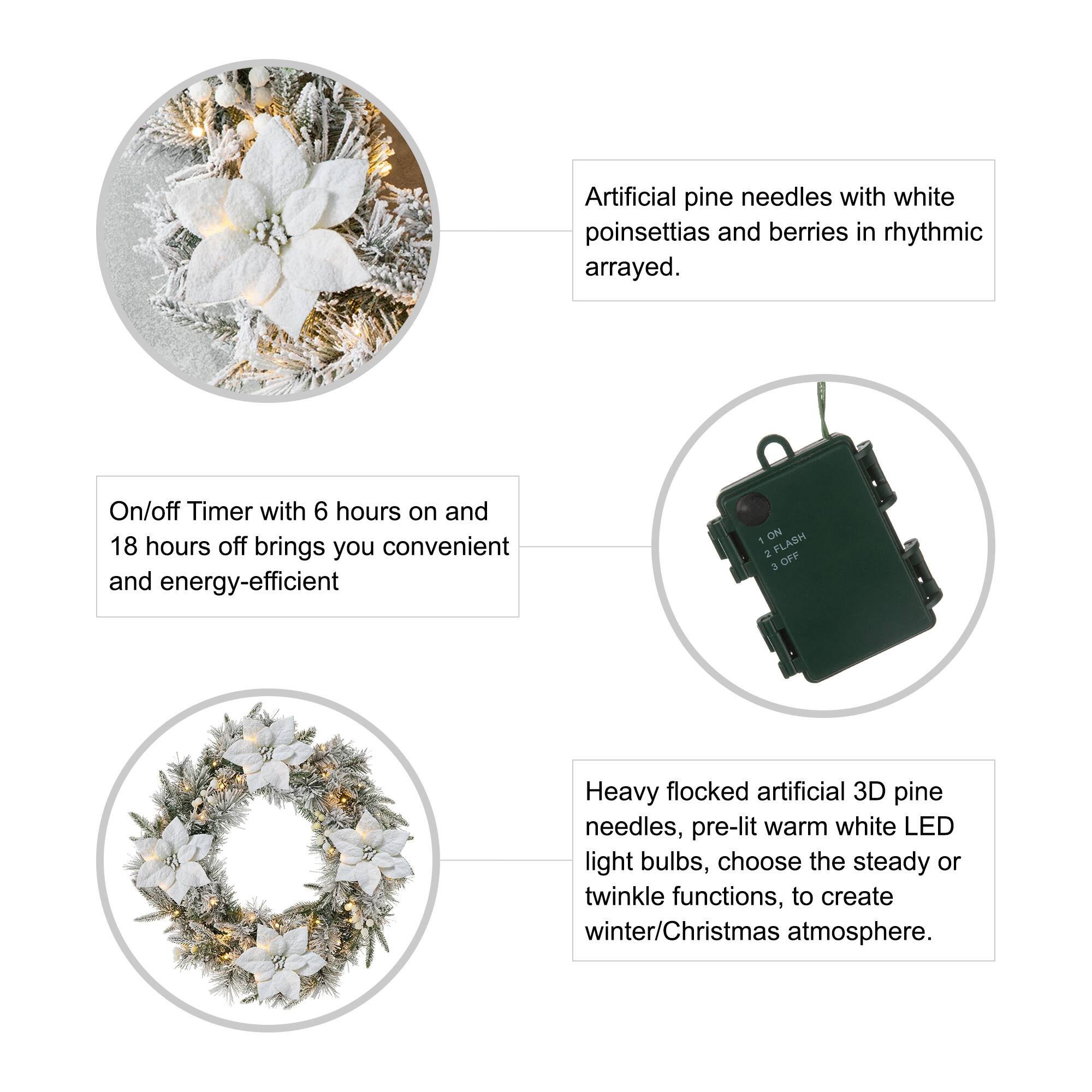 Glitzhome® 24" Pre-Lit Snow Flocked Greenery Pine Poinsettia Christmas Wreath & Matched 2 Pack 9ft. Garland Set